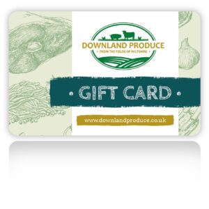 Gift card for Downland Produce featuring their green circular logo and a teal 'GIFT CARD' banner